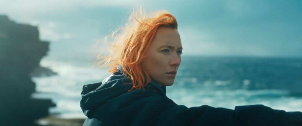 A woman with vibrant orange hair (Saoirse Ronan) is set against a blustery ocean, staring intently off camera.